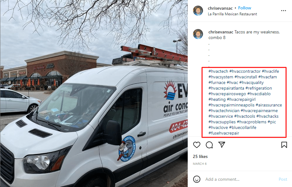 Instagram Screenshot of AC Company Post With HVAC Hashtags