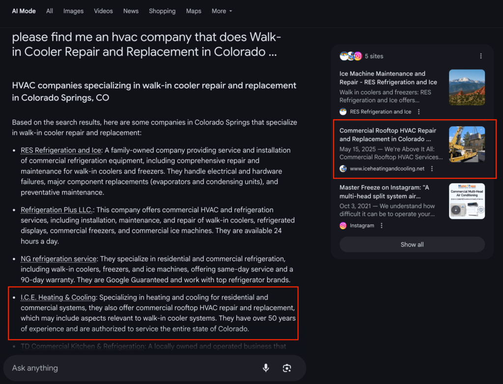 Google AI Mode Citation of HVAC Business Website