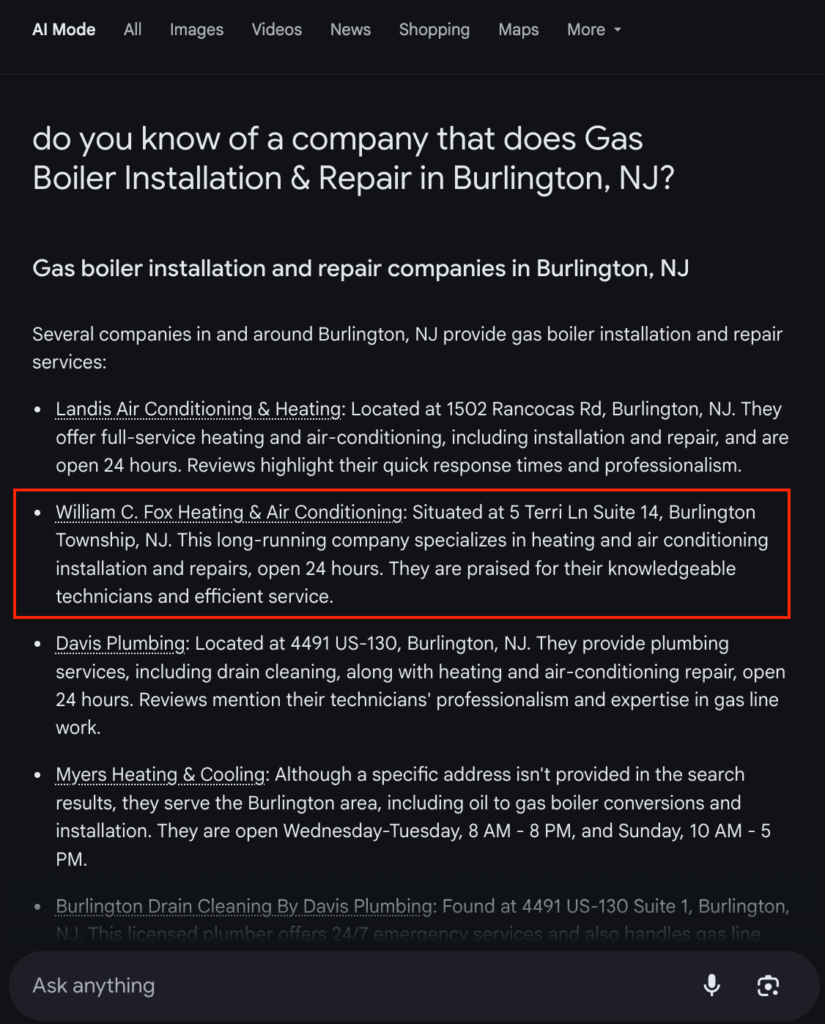 Google AI Mode Response, Listing HVAC Company