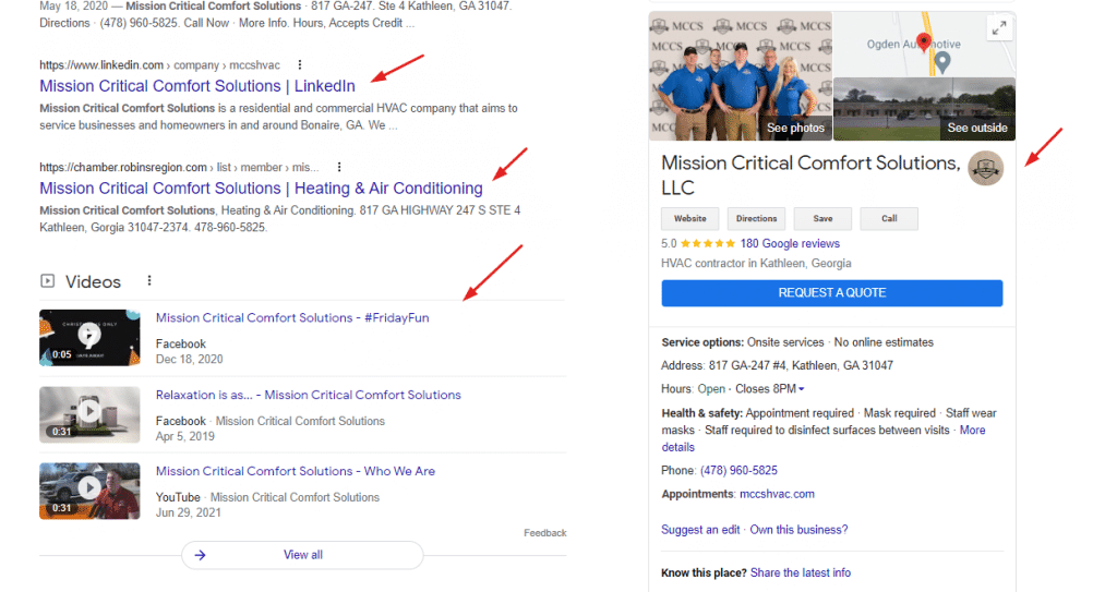 Branded SERP Example for HVAC Company