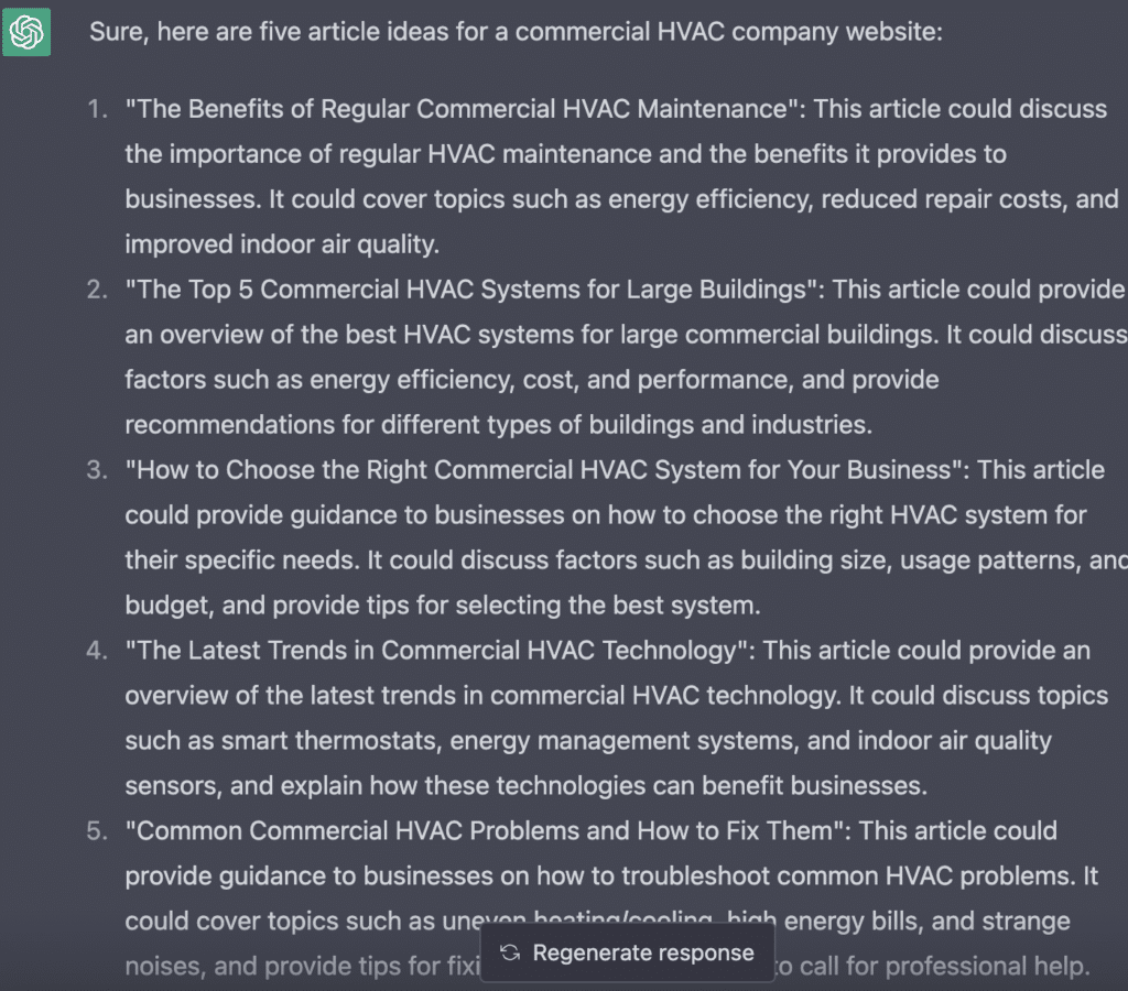 ChatGPT HVAC Example (Screenshot)