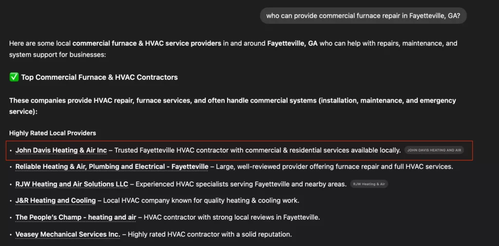 ChatGPT Text Ranking HVAC Company Appearing #! n ChatGPT Ranking