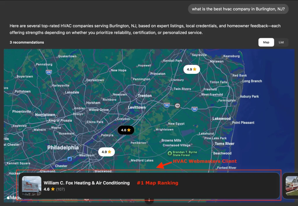 ChatGPT Top Map Ranking HVAC Company ranking #1 on ChatGPT Maps