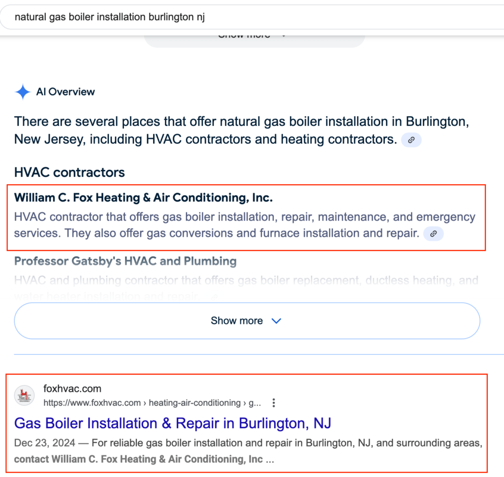 Screenshot of Google AI Overviews Mentioning HVAC Company