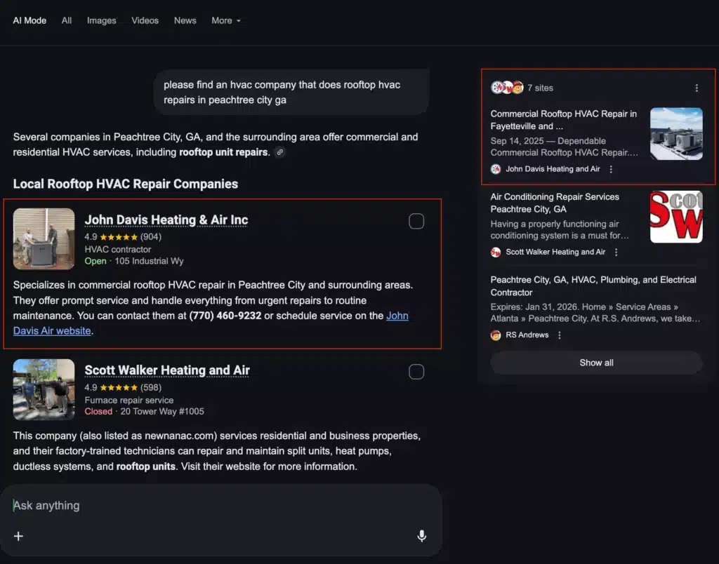 Google AI Mode Citation Google AI Mode Citation Showing HVAC Website as Top Source