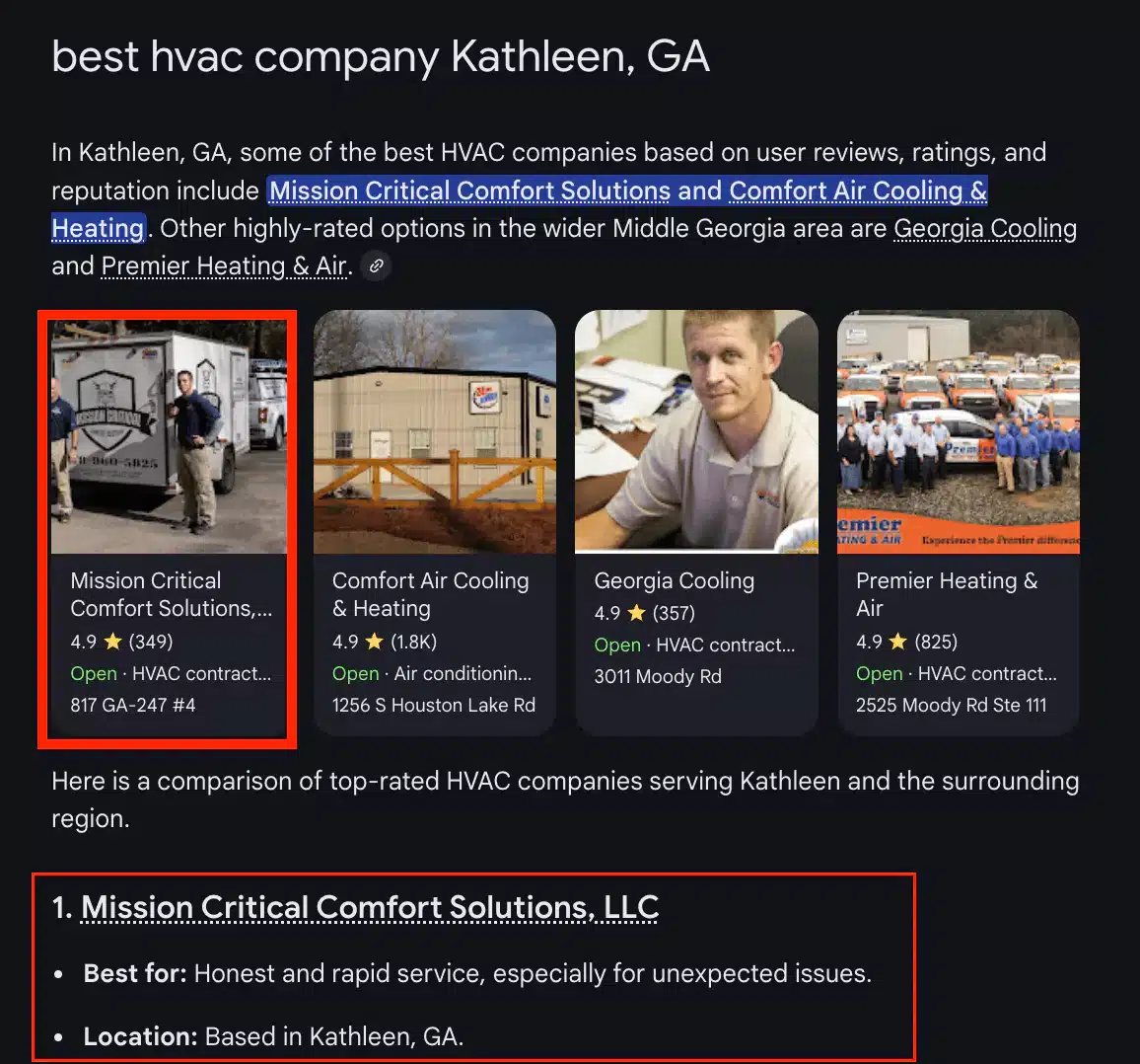 Local HVAC Company Appearing in Google AI Mode Results