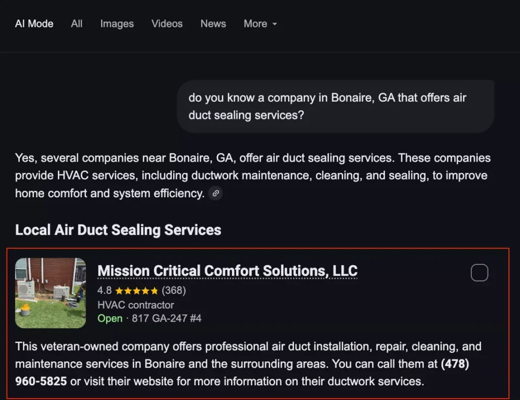 Google AI Mode Ranking Google AI Mode Top Ranking for HVAC Company