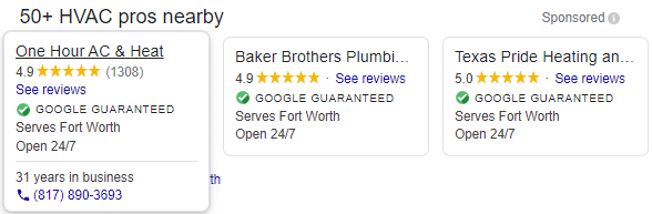 Screenshot of Google Local Service Ad With Phone Number