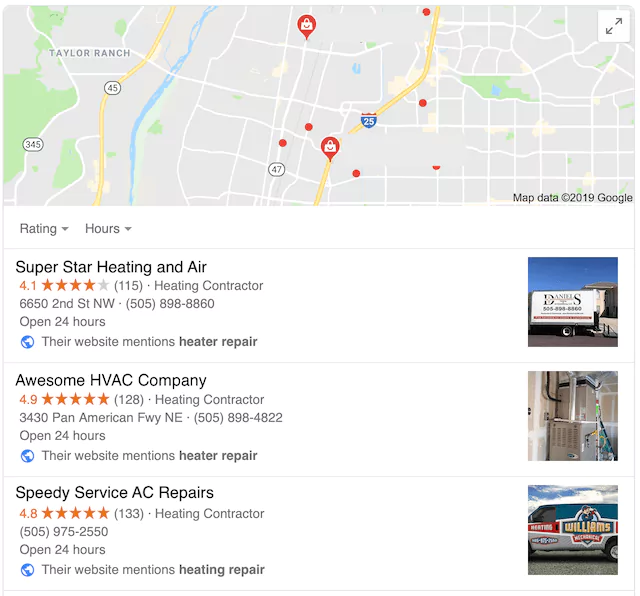 Screenshot of Google Maps 3-Pack Featuring HVAC Companies