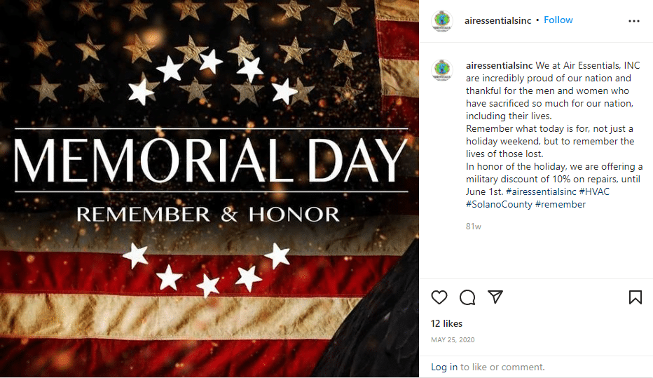 Social Media Post Showing Memorial Day Tribute