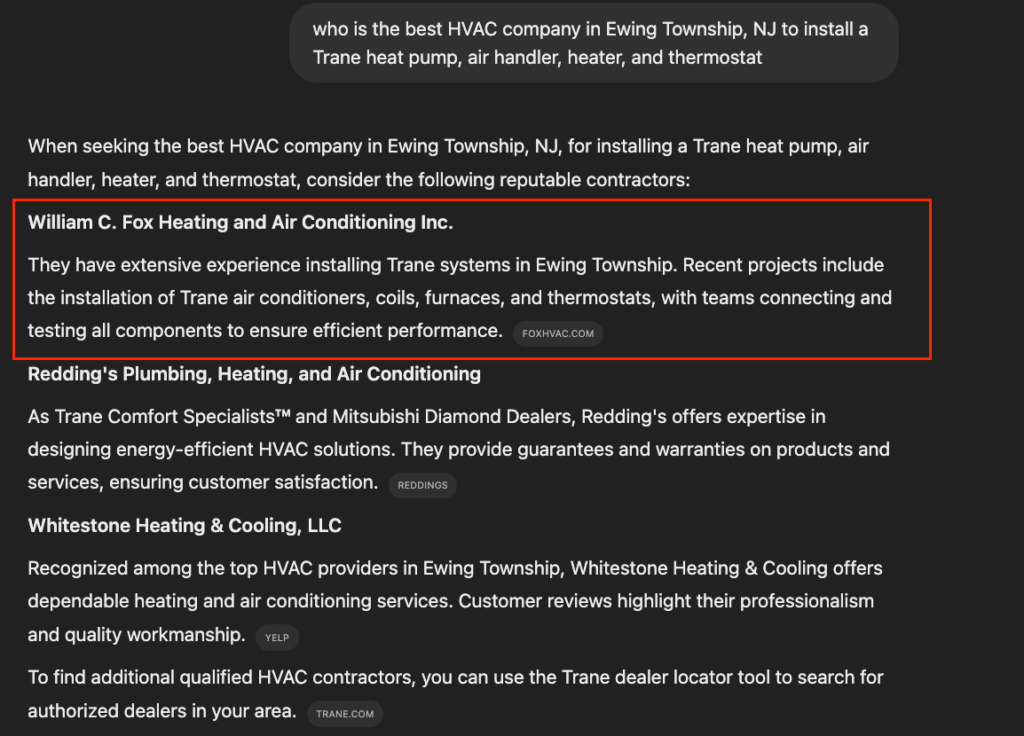 Screenshot of HVAC Business Ranking Within an LLM Called ChatGPT