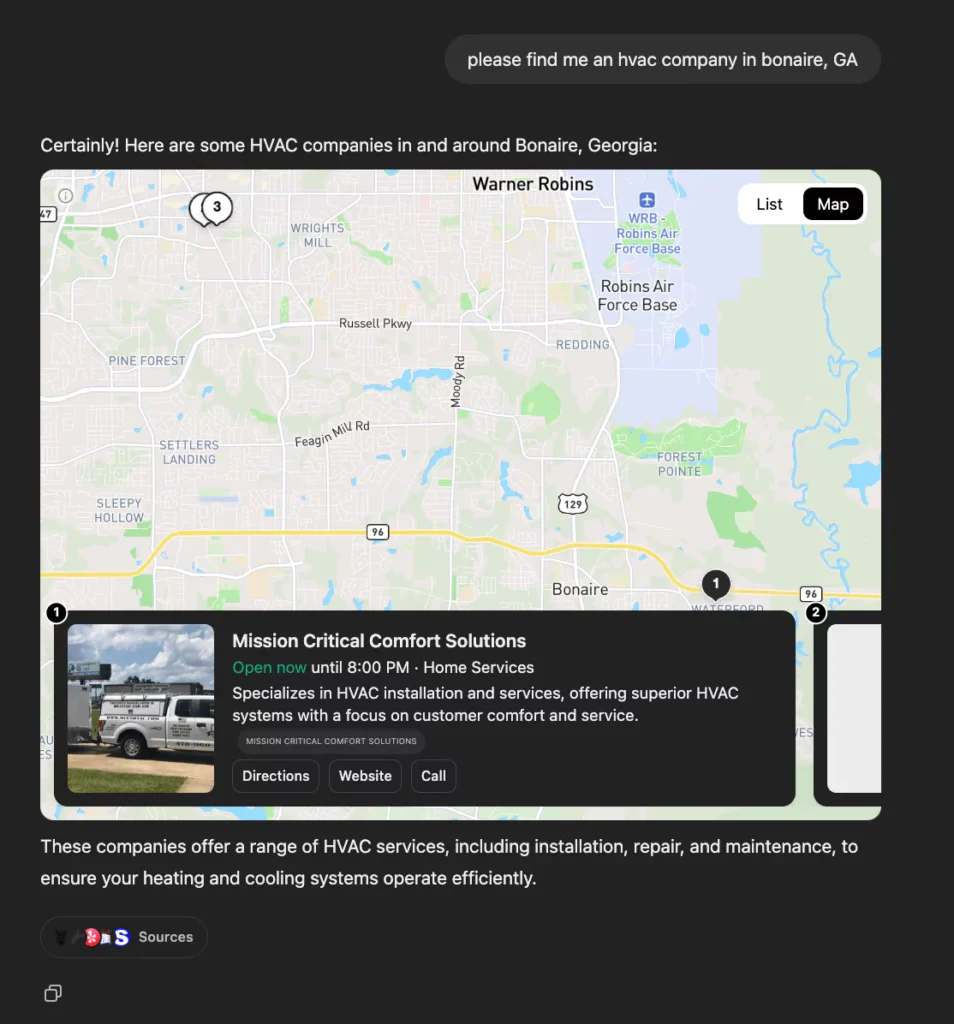 Screenshot of HVAC Company Ranking on ChatGPT's Map