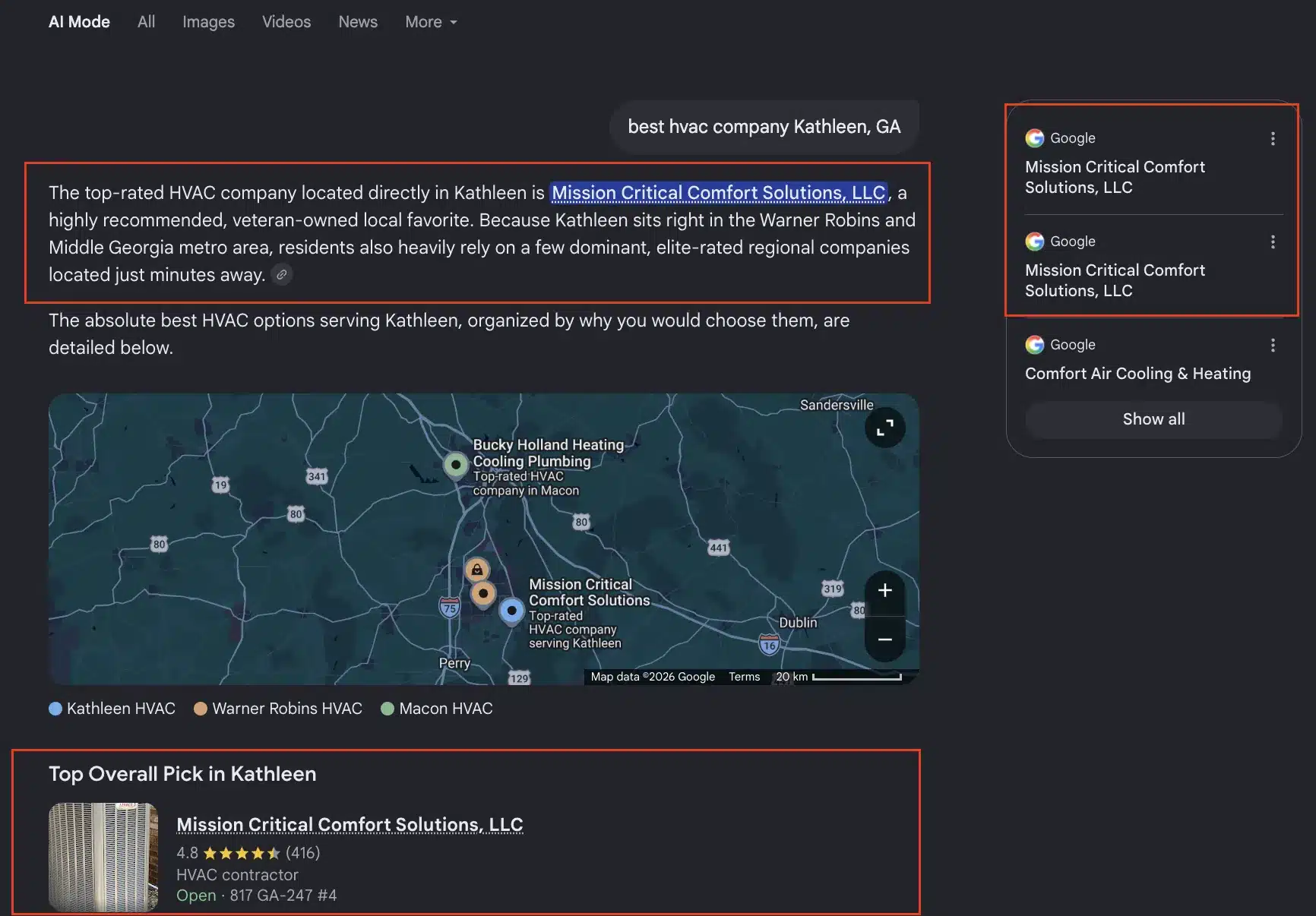 HVAC Company AI Mode Citation and Mention Mission Critical Comfort Solutions Cited and Mentioned in Google AI Mode