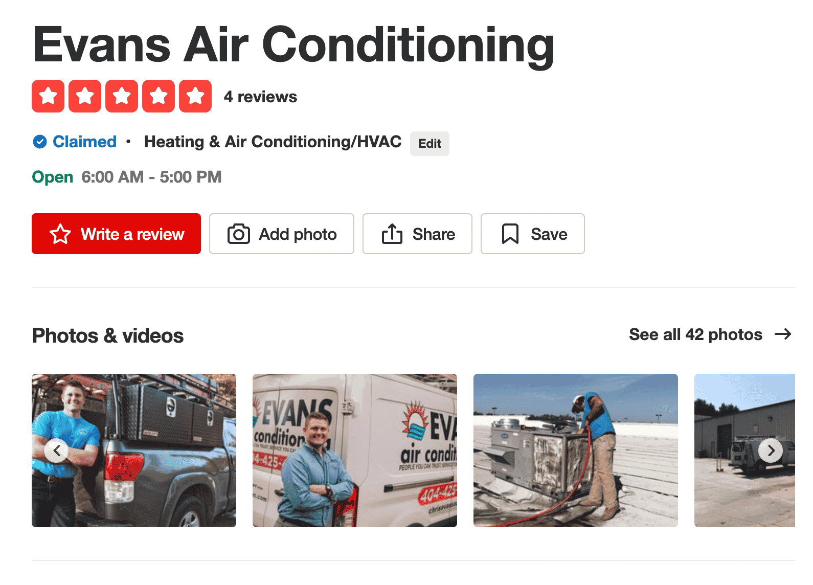 HVAC Company Yelp Listing