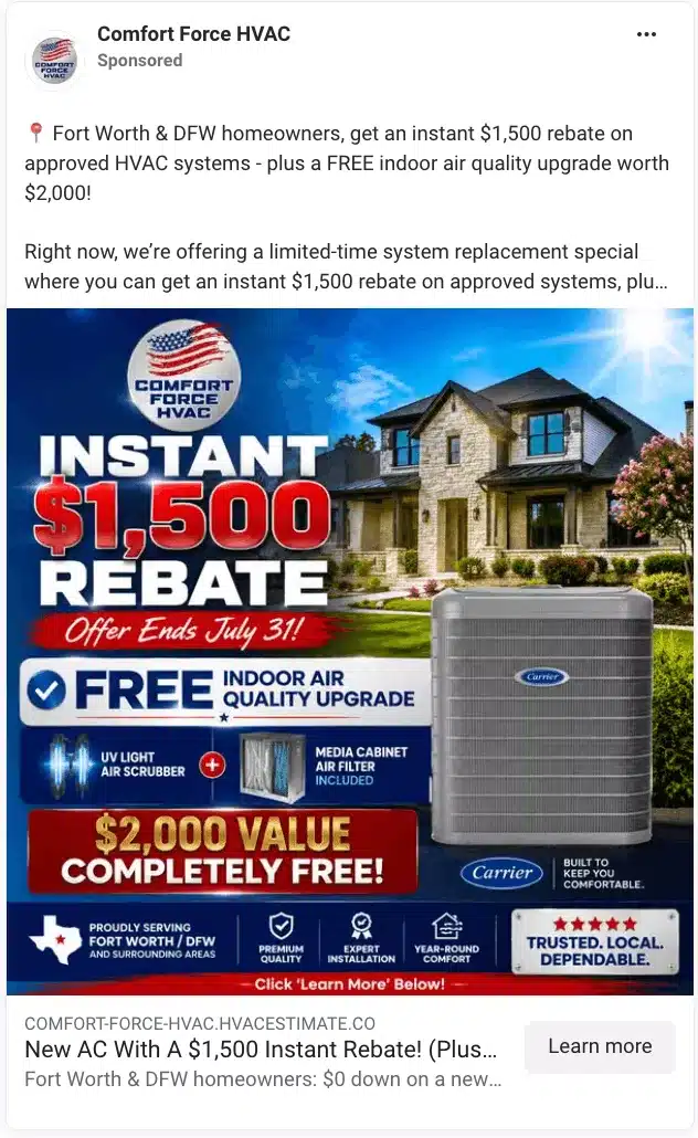 HVAC Meta Facebook Ad HVAC Meta Facebook Ad from Comfort Force HVAC