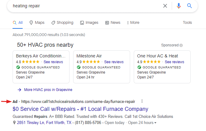 Screenshot of Local HVAC PPC Ad
