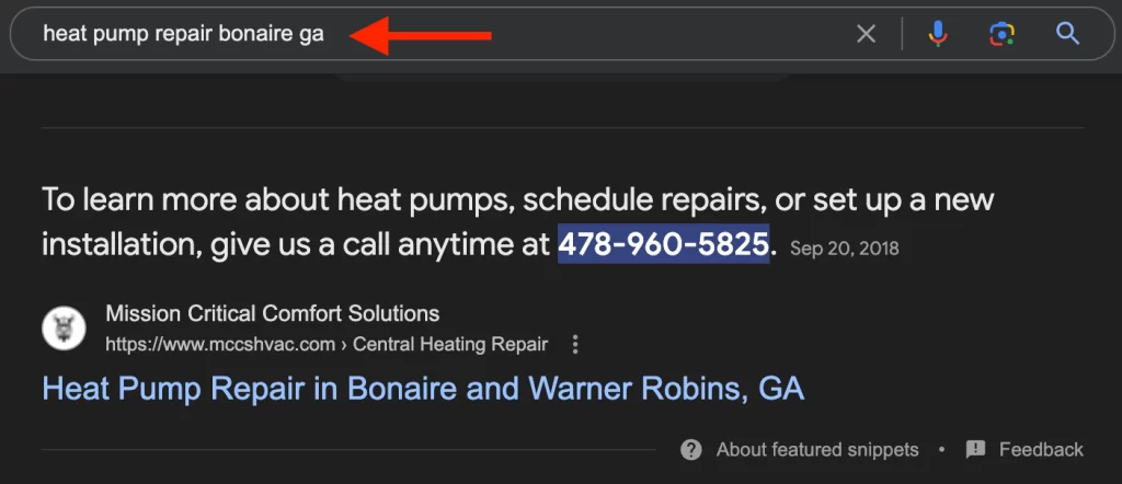 MCCS Heat Pump Repair Featured Snippet