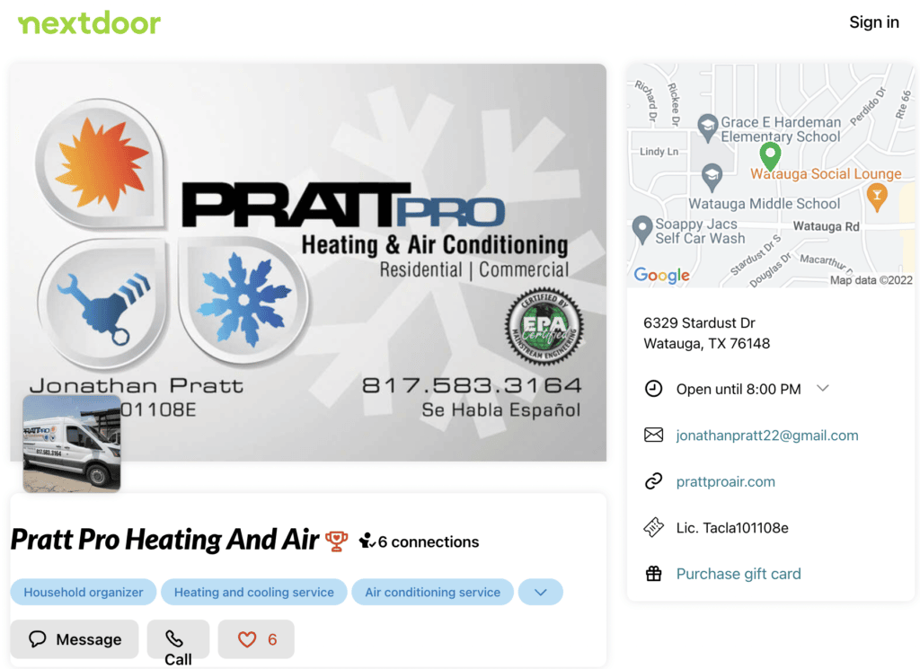 Nextdoor HVAC Business Listing
